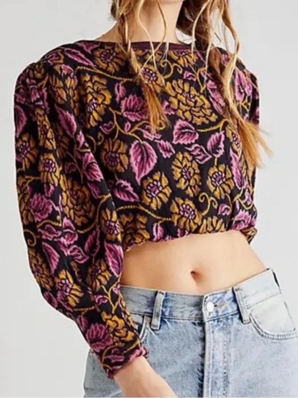 Free People Purple No Ordinary Top Floral Jacquard Cropped Cut Out Back Sweater - Picture 10 of 10